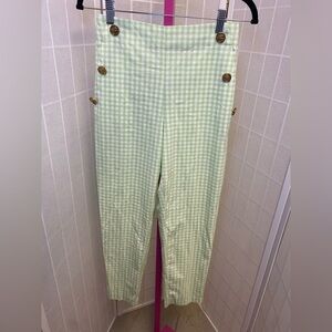 NWOT ZARA Green Gingham Pants with Gold Buttons